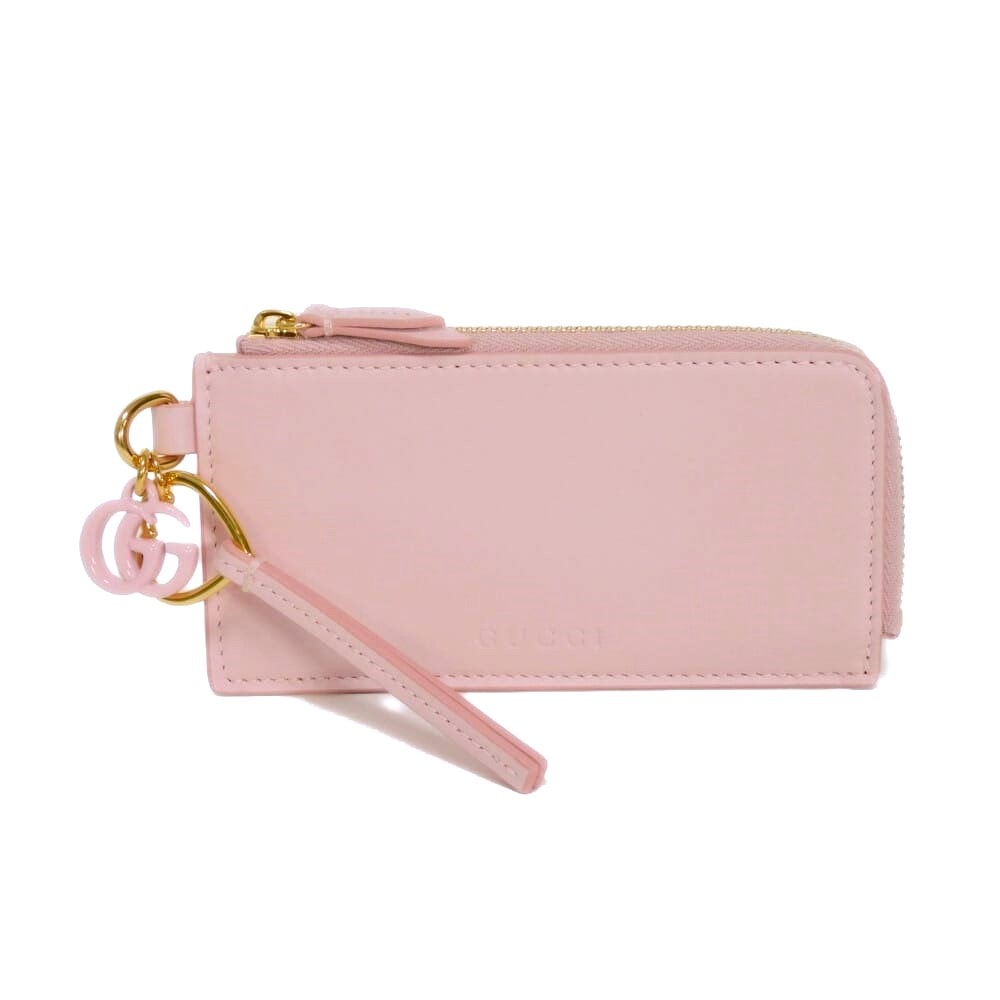 GUCCI グッチ ダブルG チャーム コイン カードケース 現行 ロゴ エンボス ハート L字ファスナー スムース カーフ パステル パスケース 財布 小銭入れ フラグメントケース 未使用 ピンク コインケース 847478 AAEVB 5934
