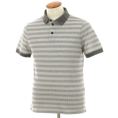 【中古】ジョルジオアルマーニ GIORGIO ARMANI シルクコットン ボーダー 半袖ポロシャツ グレーxホワイト×ブラック【サイズ46】【メンズ】