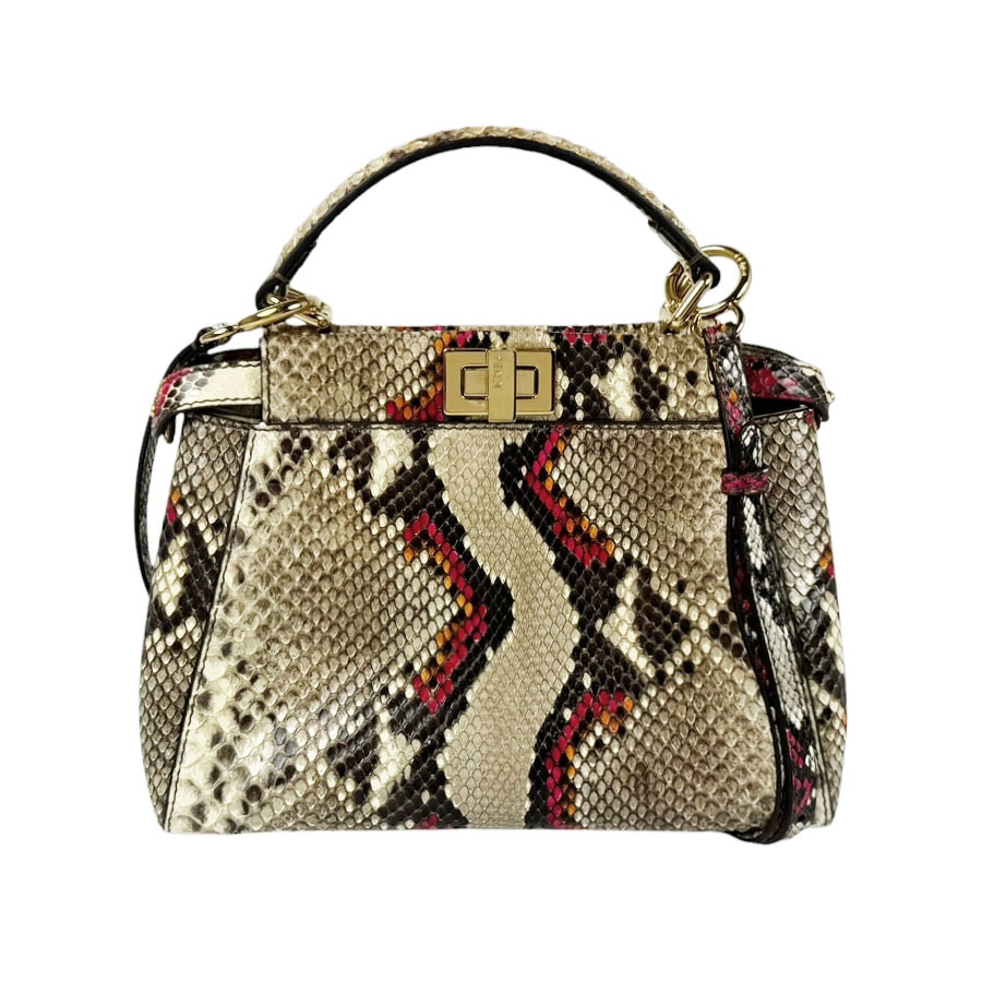 フェンディ FENDI ハンドバッグ ショルダーバッグ ミニ ピーカブー パイソン ブラウン/レッド/オレンジ ゴールド レディース【中古】 z11121