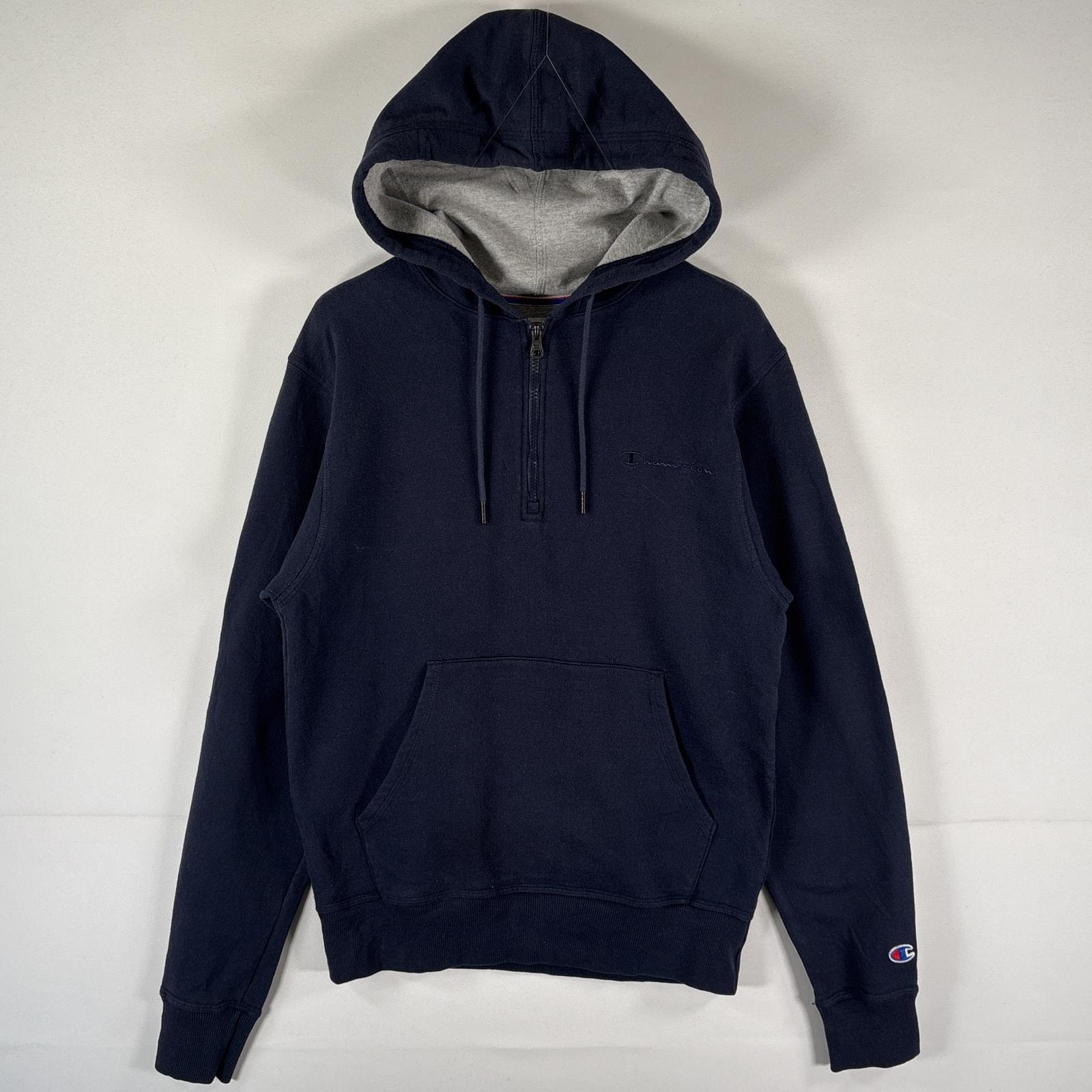 古着 チャンピオン Champion パーカー プルオーバー フーディ スウェット ハーフジップ ワンポイントロゴ S  ネイビー メンズ