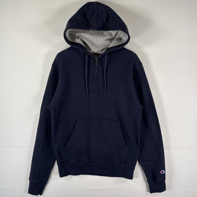 古着 チャンピオン Champion パーカー プルオーバー フーディ スウェット ハーフジップ ワンポイントロゴ S ネイビー メンズ