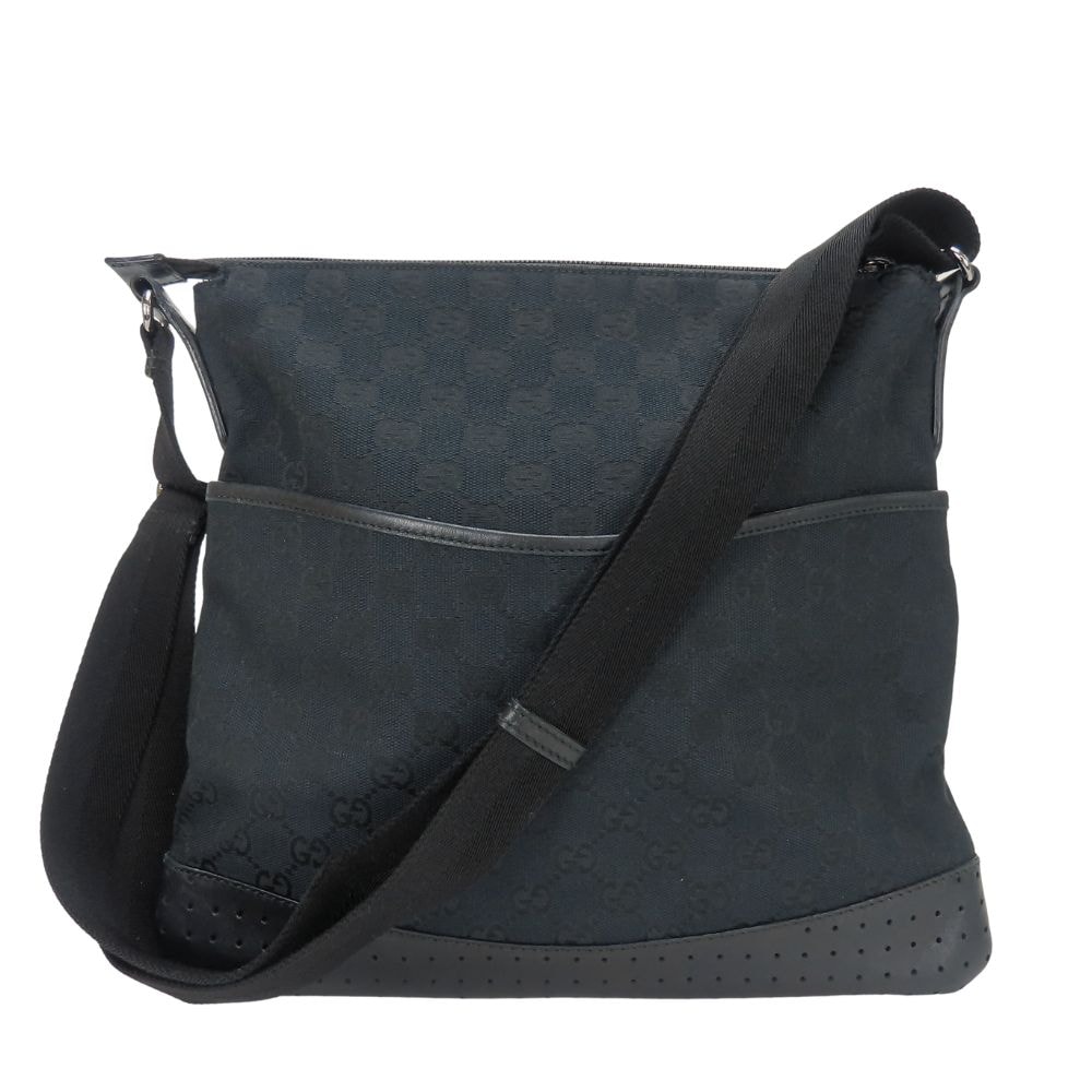 良品 グッチ ショルダーバッグ GG キャンバス レザー パンチング ブラック GUCCI 美品 グッチ ブラック 黒 シルバー金具 GGキャンバス