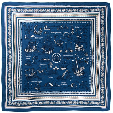 HERMES エルメス スカーフ カレ140 カレジェアン Tatouages Marins Bandana 船乗りのタトゥー バンダナ 243374S 04 カシシル ストール ショール カシミヤ・シルク ブルー マルチカラー【中古】