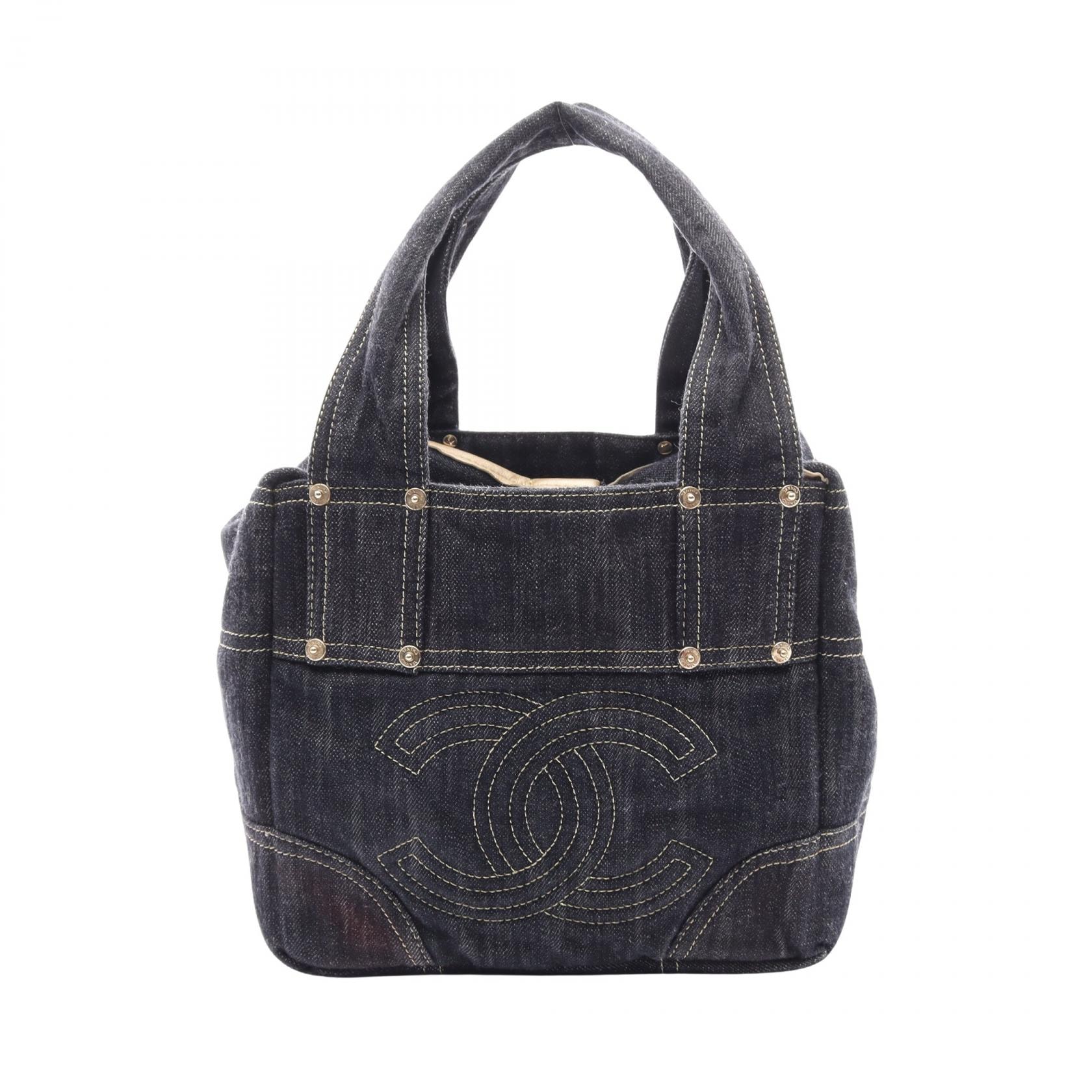 シャネル CHANEL スパークリングデニム ココマーク ハンドバッグ バッグ デニム レザー レディース ネイビー系 A31985 【中古】