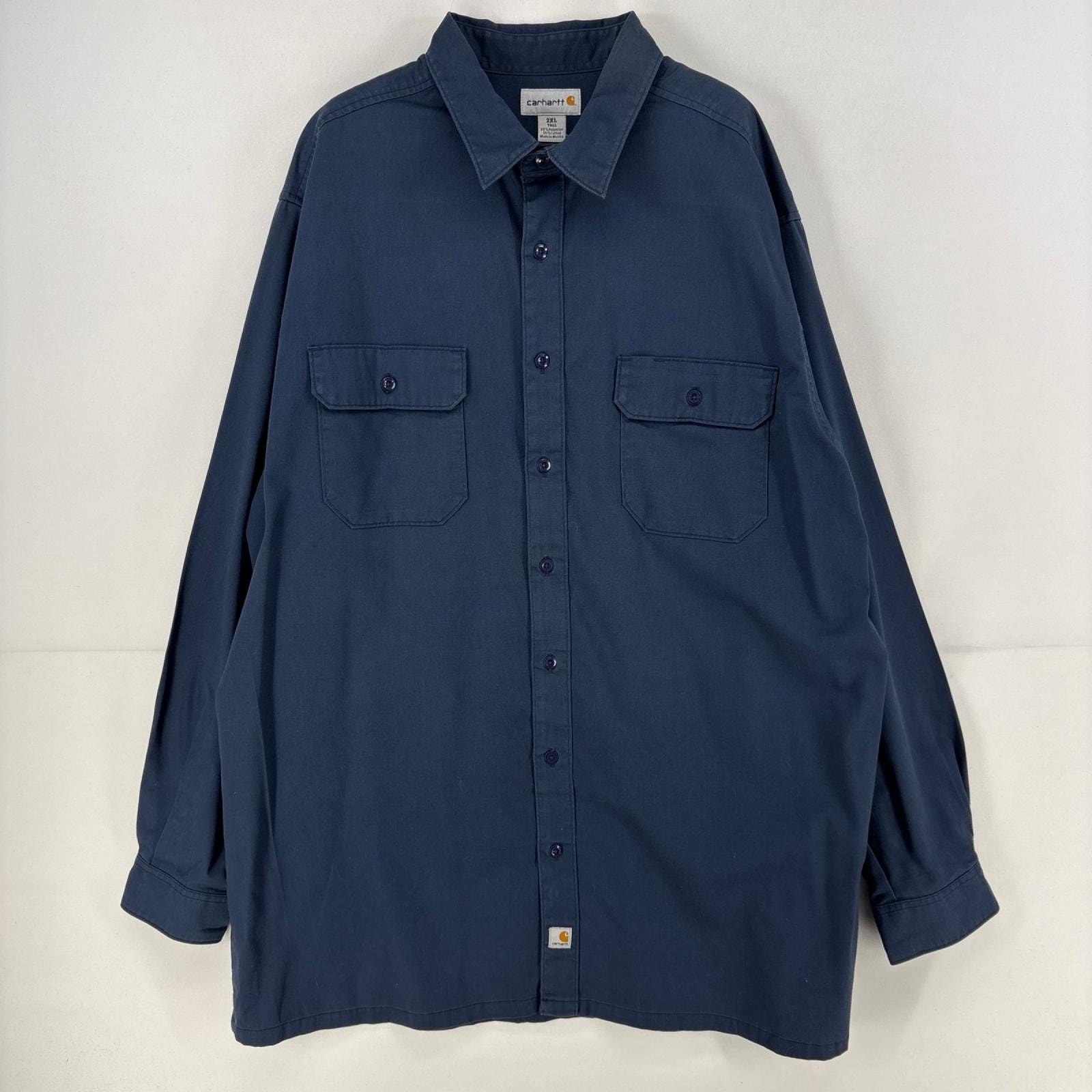 古着 カーハート Carhartt 長袖シャツ ワンポイント 胸ポケット 大きいサイズ 作業着 ワークシャツ 2XL  ネイビー メンズ