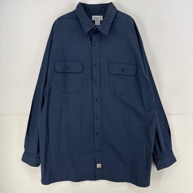 古着 カーハート Carhartt 長袖シャツ ワンポイント 胸ポケット 大きいサイズ 作業着 ワークシャツ 2XL ネイビー メンズ