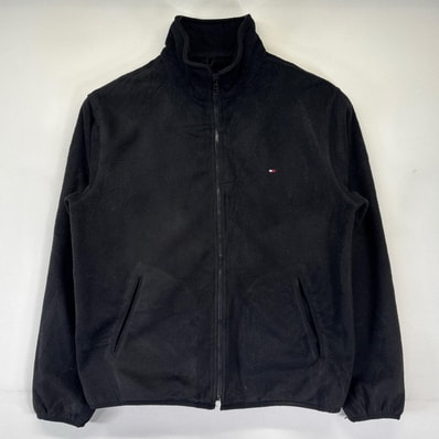 古着 00’s/00年代 トミーヒルフィガー TOMMY HILFIGER フリースジャケット フルジップ ワンポイントロゴ刺繍 パイピング S ブラック メンズ