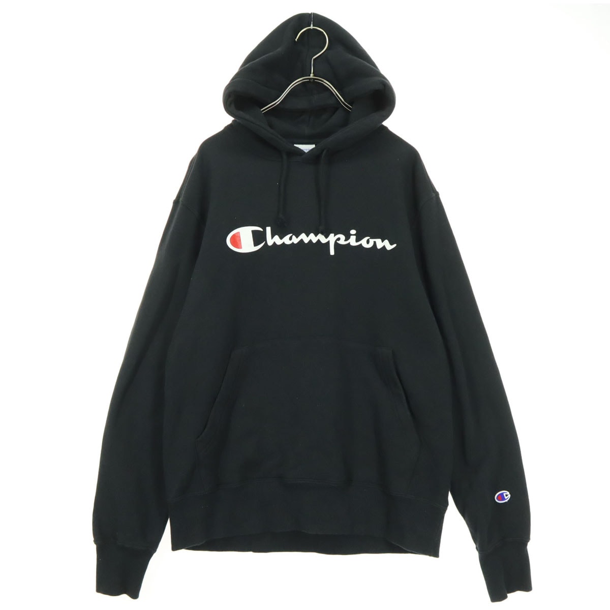 Champion チャンピオン コットン フロントプリント 長袖 スウェットパーカー L ブラック