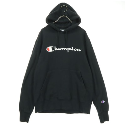 Champion チャンピオン コットン フロントプリント 長袖 スウェットパーカー L ブラック