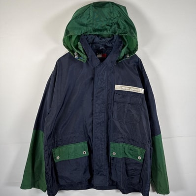 古着 90's/90年代 トミーヒルフィガー TOMMY HILFIGER ナイロンジャケット トミージーンズ フーディー ワッペン 大きいサイズ ネイビー メンズ