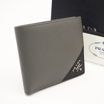 極美品 PRADA プラダ サフィアーノ メタルロゴ レザー コンパクトウォレット 2MO513 二つ折り財布 グレー ネイビー サフィアーノ メンズ