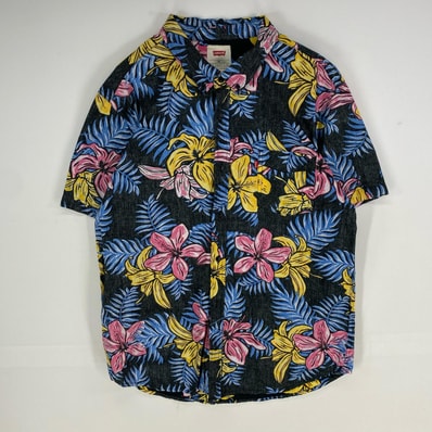 古着 リーバイス Levi's 半袖シャツ ハワイアン ボタニカル 胸ポケット ショートスリーブ 2XL ブラック系 総柄 メンズ