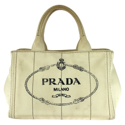 PRADA プラダ カナパ 三角ロゴプレート ホワイト ゴールド金具 キャンバス トートバッグ ハンドバッグ 604265 【中古】