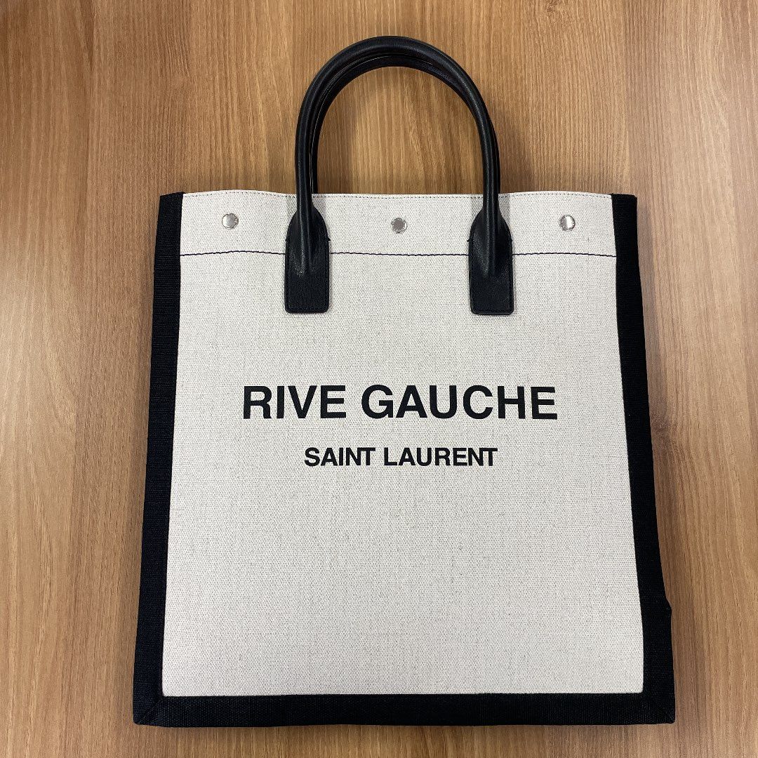 SAINT LAURENT Rive Gauche North/South Tote Bag In Printed Linen And Leather "Lin Blanc"