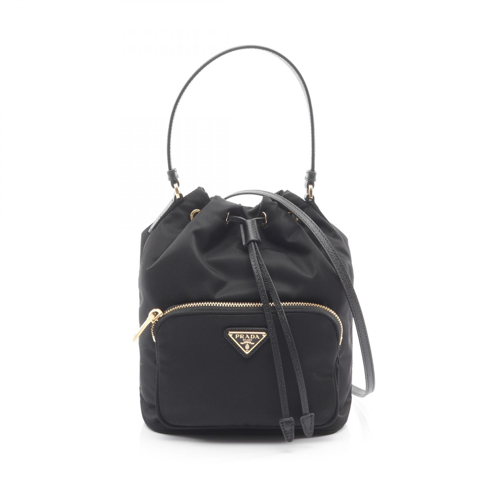 プラダ PRADA デュエット Re-Nylon バケットバッグ VELA ハンドバッグ バッグ ナイロン サフィアーノレザー レディース ブラック系 1BH038RV44F0002 【新品】