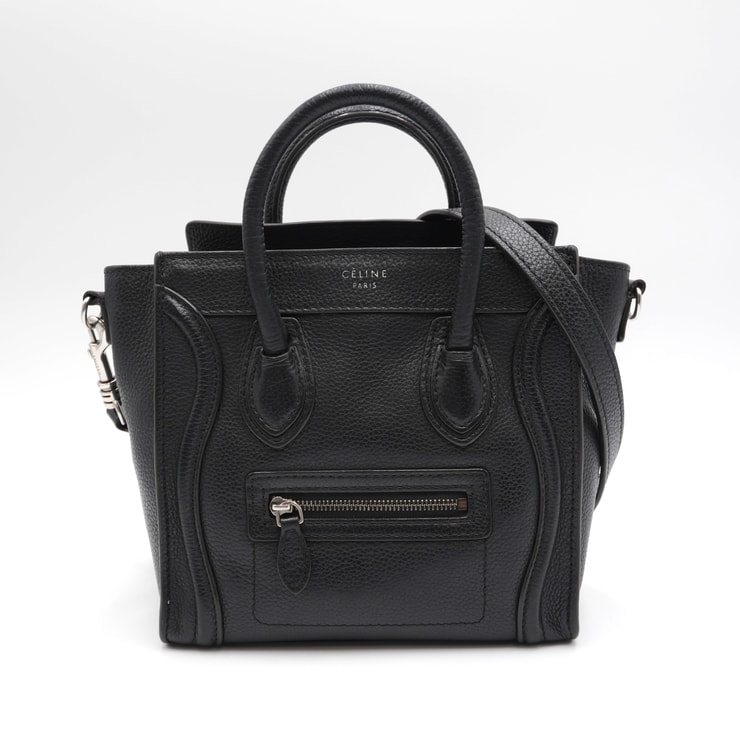 CELINE(セリーヌ)ラゲージ ナノ 2WAY ハンドバッグ ショルダーバッグ ドラムドカーフスキン ブラック シルバー金具 レディース【中古】