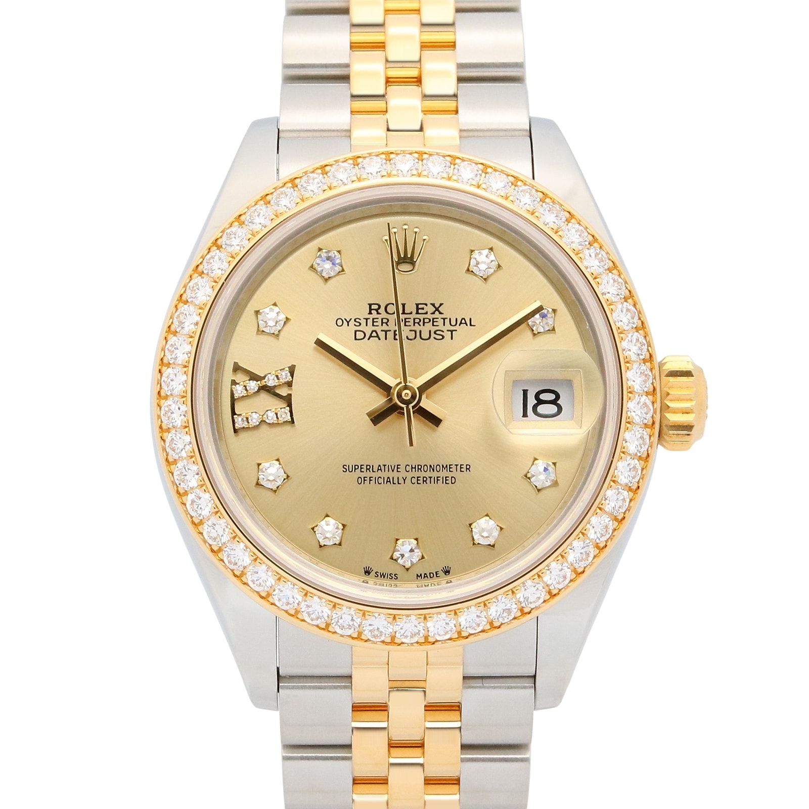 ロレックス ROLEX デイトジャスト28 ダイヤベゼル ランダム番 腕時計 時計 K18(イエローゴールド) ステンレススチール レディース ゴールド系 シャンパン 279383RBR 【中古】