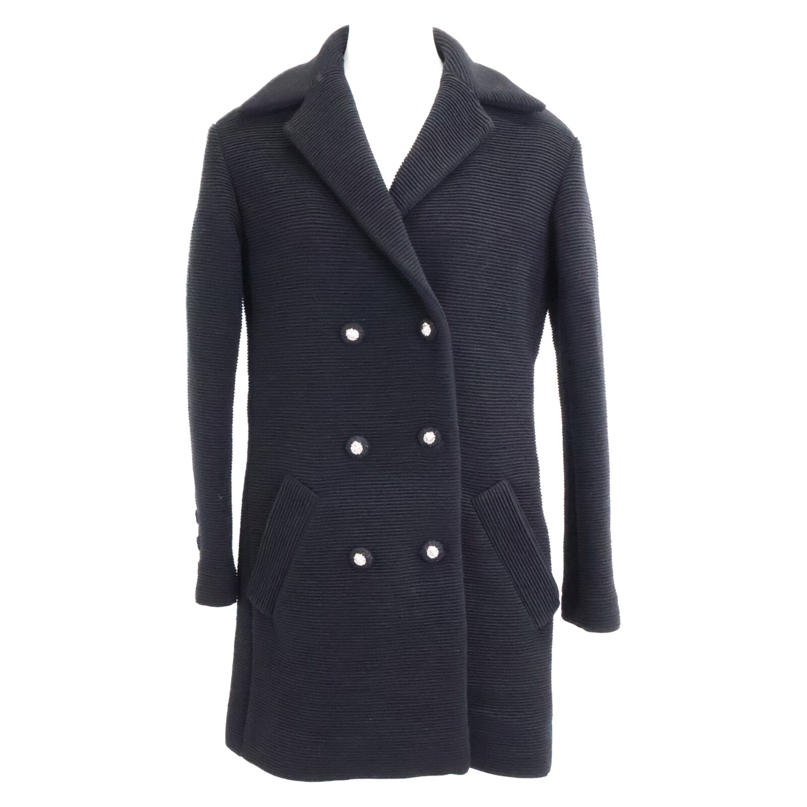 シャネル 美品 国内正規 24-25AW P78175V69999 ウール×シルクライニング ライオン釦 ダブルブレスト リブジャージーロングジャケット 34