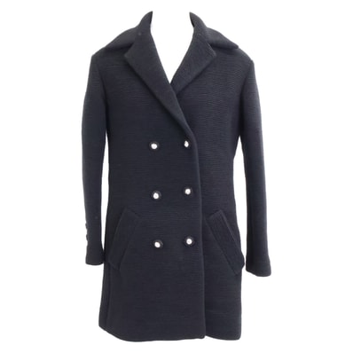 シャネル 美品 国内正規 24-25AW P78175V69999 ウール×シルクライニング ライオン釦 ダブルブレスト リブジャージーロングジャケット 34