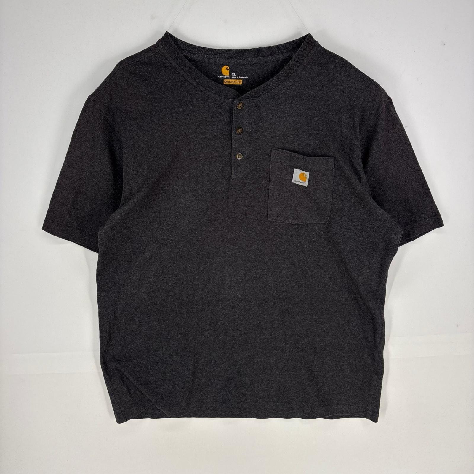 古着 カーハート Carhartt 半袖Tシャツ ヘンリーネック 刺繍ロゴ 胸ポケット ショートスリーブ XL ブラック系 メンズ