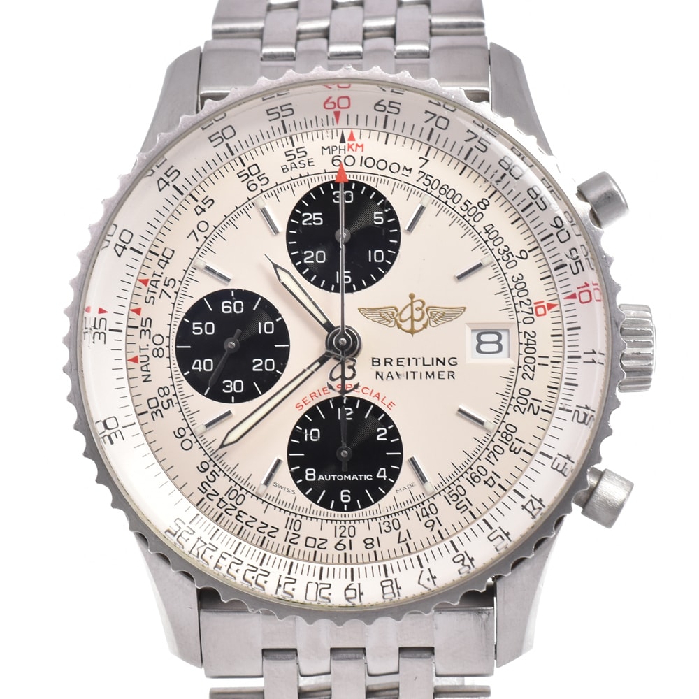 ブライトリング BREITLING A13330 ナビタイマー ファイターズ クロノグラフ シルバー 自動巻き メンズ 良品 腕時計 D#147389