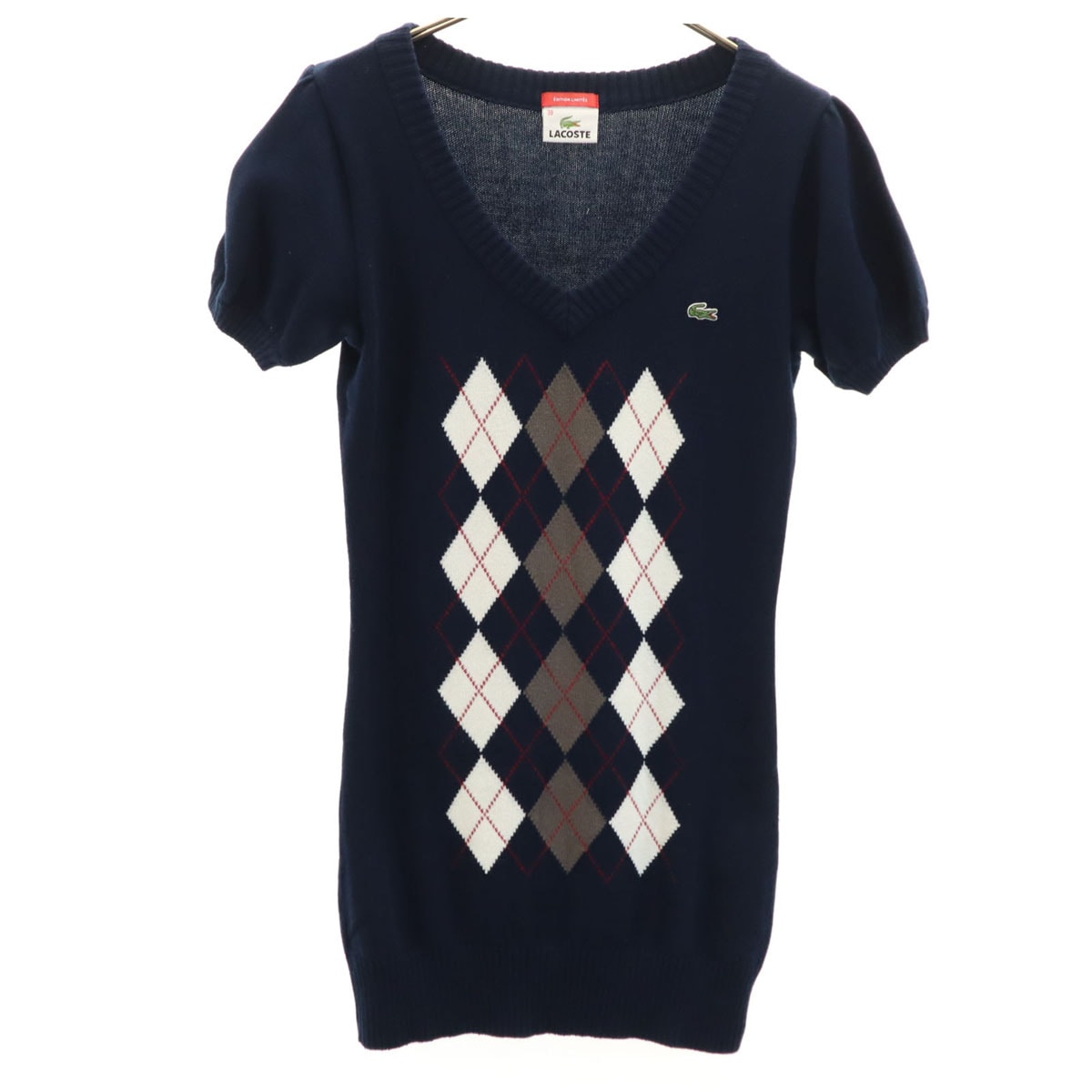 LACOSTE ラコステ EDITION LIMITEE 日本製 アーガイル柄 半袖 Vネック ニット 38 ネイビー