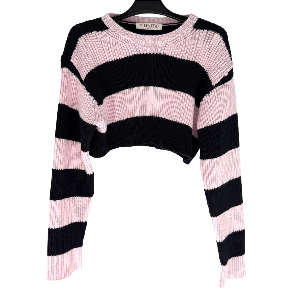 Valentino Garavani ヴァレンティノ・ガラヴァーニ ニット ボーダー 服 アパレル クロップド丈 XXS セーター ブラック 黒 ピンク ウール    レディース 秋 冬 美品【中古品】