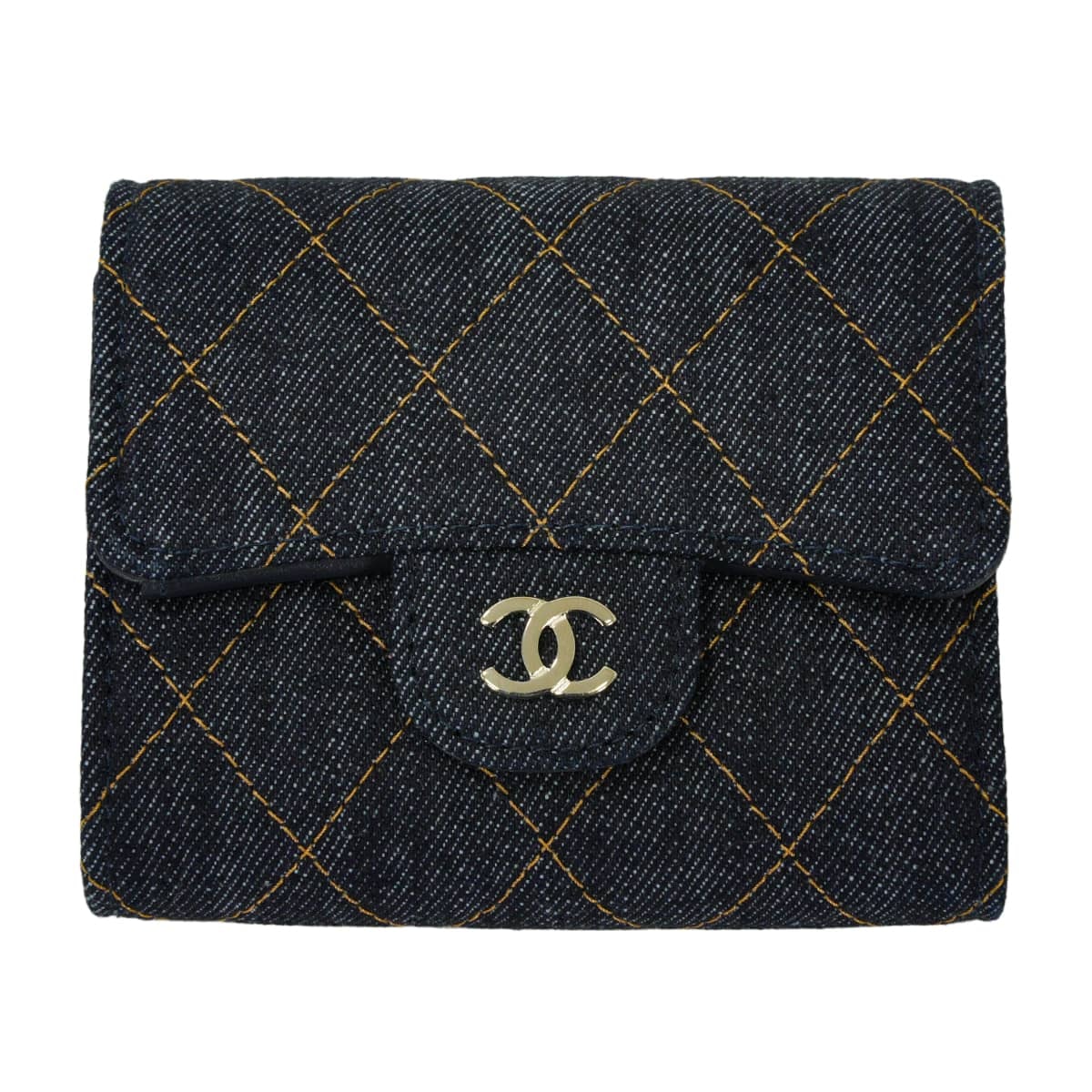 CHANEL シャネル 三つ折り財布 コンパクト スモールフラップ ココマーク マトラッセ ネイビー デニム シャンパンゴールド金具 AP0229 新品未使用