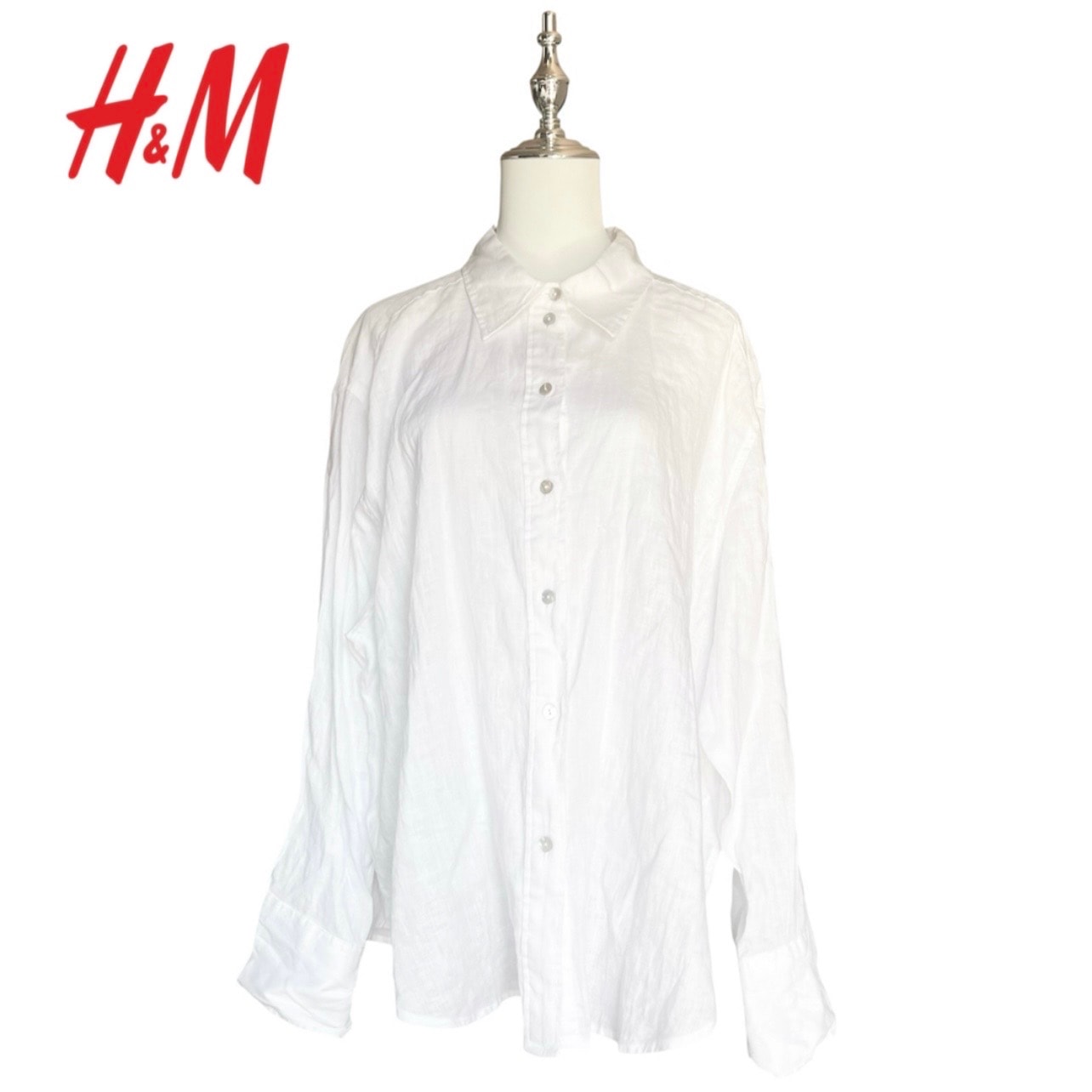 新品タグ付 H&M リネン100% ホワイト 白シャツ シェルボタン L 麻