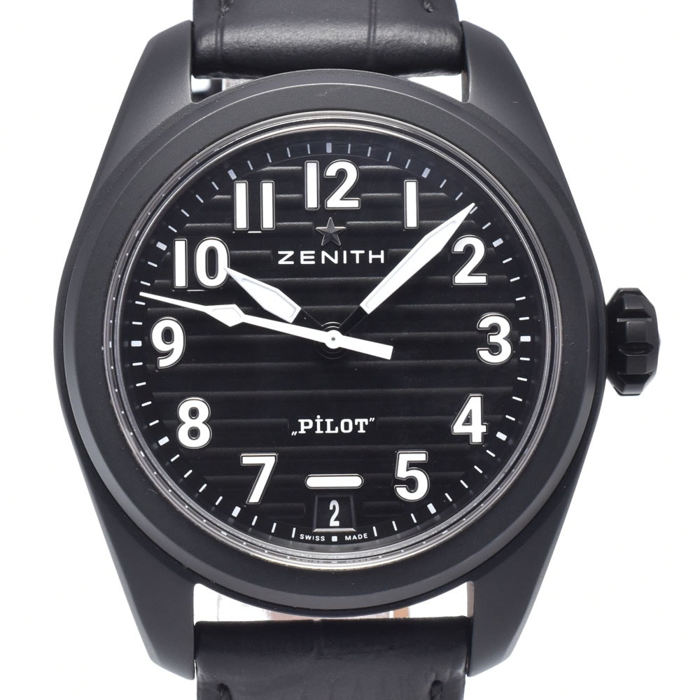 ゼニス ZENITH 49.4000.3620/21.I001 パイロット ウォッチ デイト ブラック 自動巻き メンズ 美品 箱・保証書付き 腕時計 O#148973