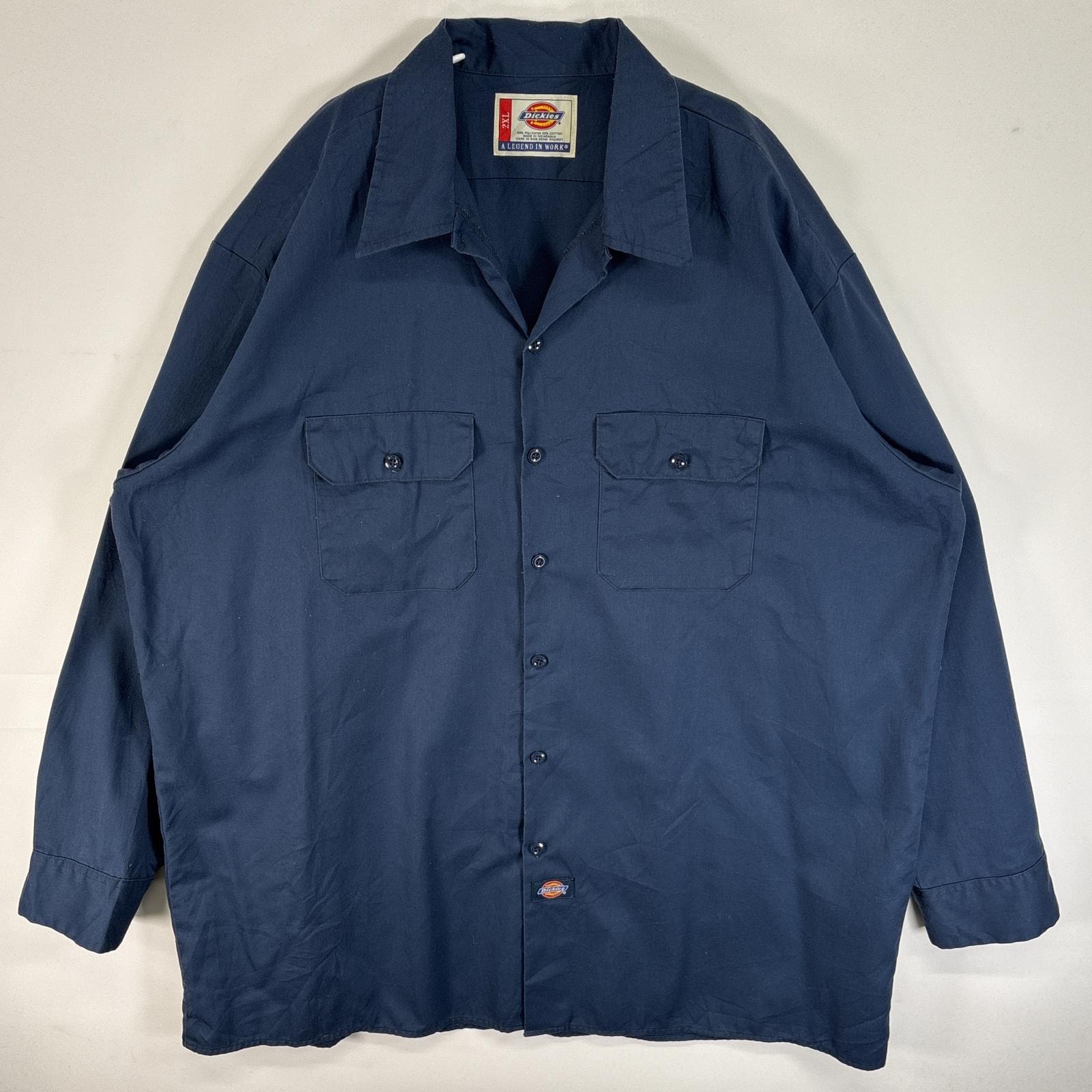 古着 ディッキーズ Dickies 長袖シャツ ワーク 作業着 フラップポケ 大きいサイズ ワンポイント ロゴ 2XL  ネイビー 無地 メンズ