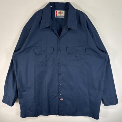 古着 ディッキーズ Dickies 長袖シャツ ワーク 作業着 フラップポケ 大きいサイズ ワンポイント ロゴ 2XL ネイビー 無地 メンズ