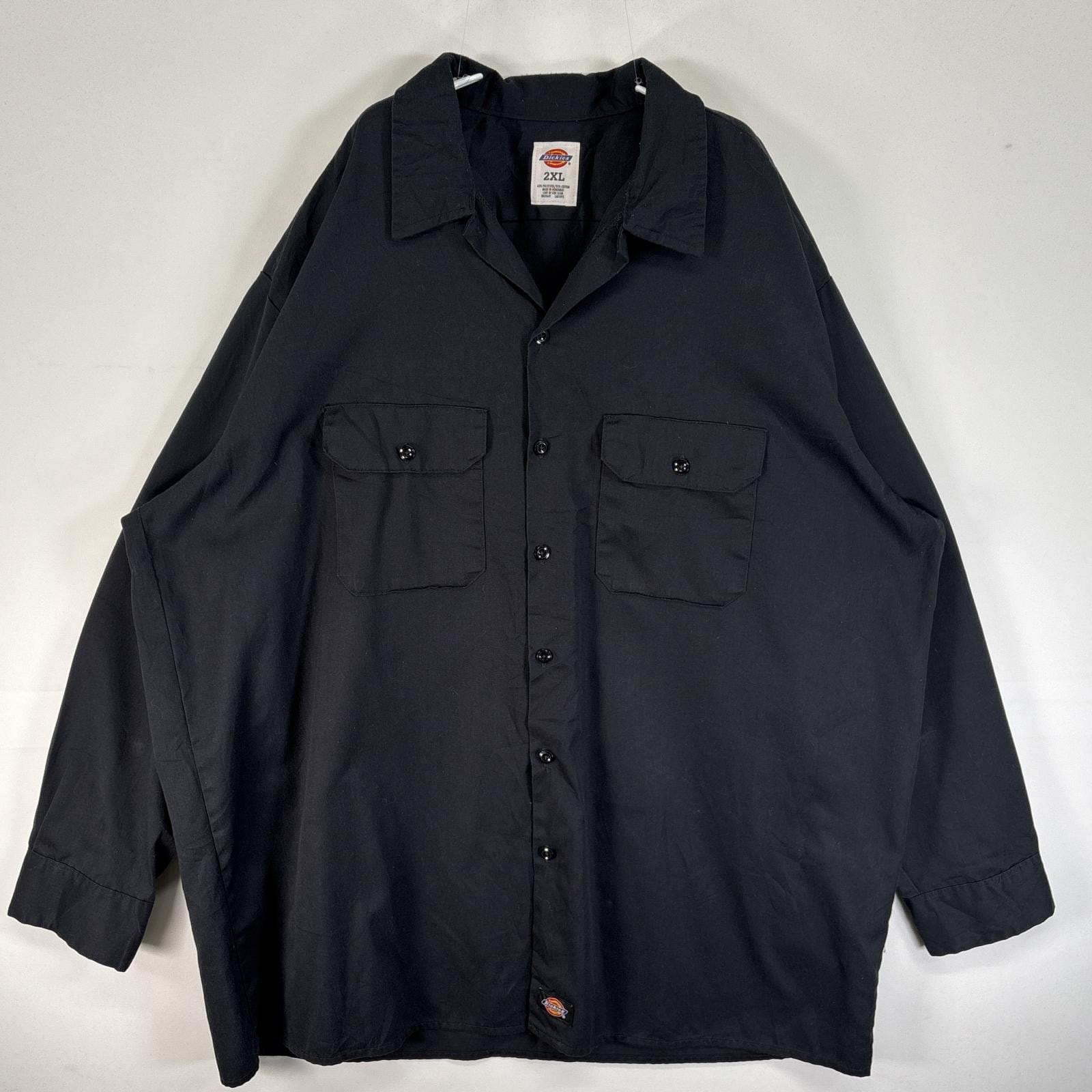 古着 ディッキーズ Dickies 長袖シャツ ワーク 作業着 フラップポケ 大きいサイズ ワンポイント ロゴ 2XL  ブラック 無地 メンズ