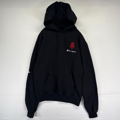 古着 チャンピオン Champion パーカー プルオーバー ワンポイント刺繍ロゴ スウェット S ブラック系 メンズ