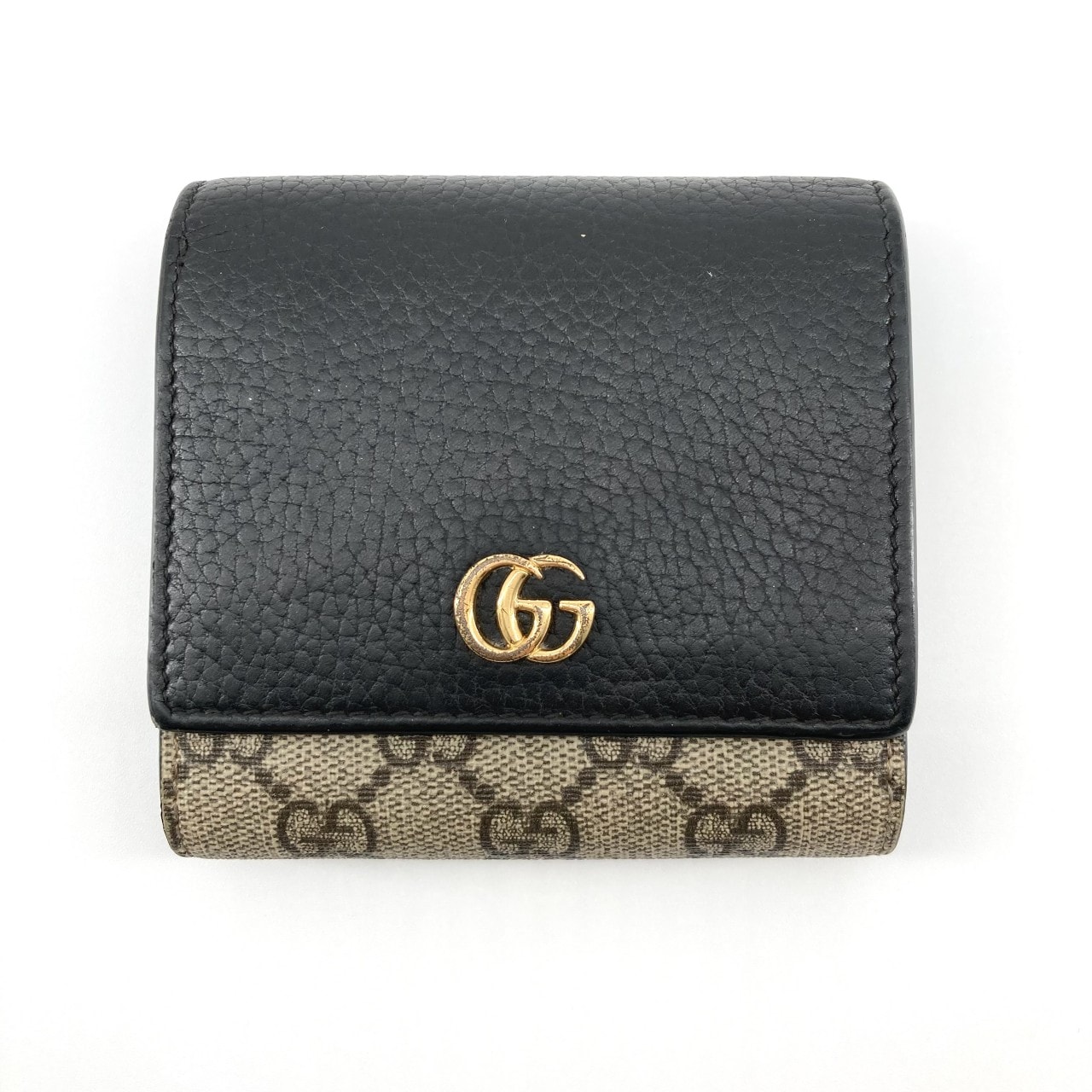 GUCCI(グッチ) マーモント レザー×キャンバス ゴールドロゴ 598587 二つ折り財布 ブラック×ベージュ