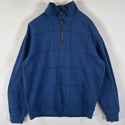 古着 ノーティカ NAUTICA スウェット ハーフジップ トレーナー プルオーバー ワンポイントロゴ刺繍 チェック柄 L ブルー メンズ