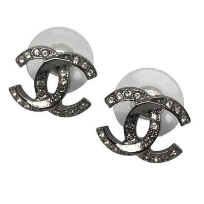 CHANEL シャネル ラインストーン ガンメタ ココマーク ピアス シルバー メタリック A18P刻印 レディース【中古】