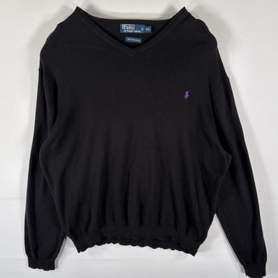 古着 ポロバイラルフローレン Polo by Ralph Lauren セーター コットンニット Vネック ワンポイントロゴ刺繍 大きいサイズ 14041 ブラック メンズ