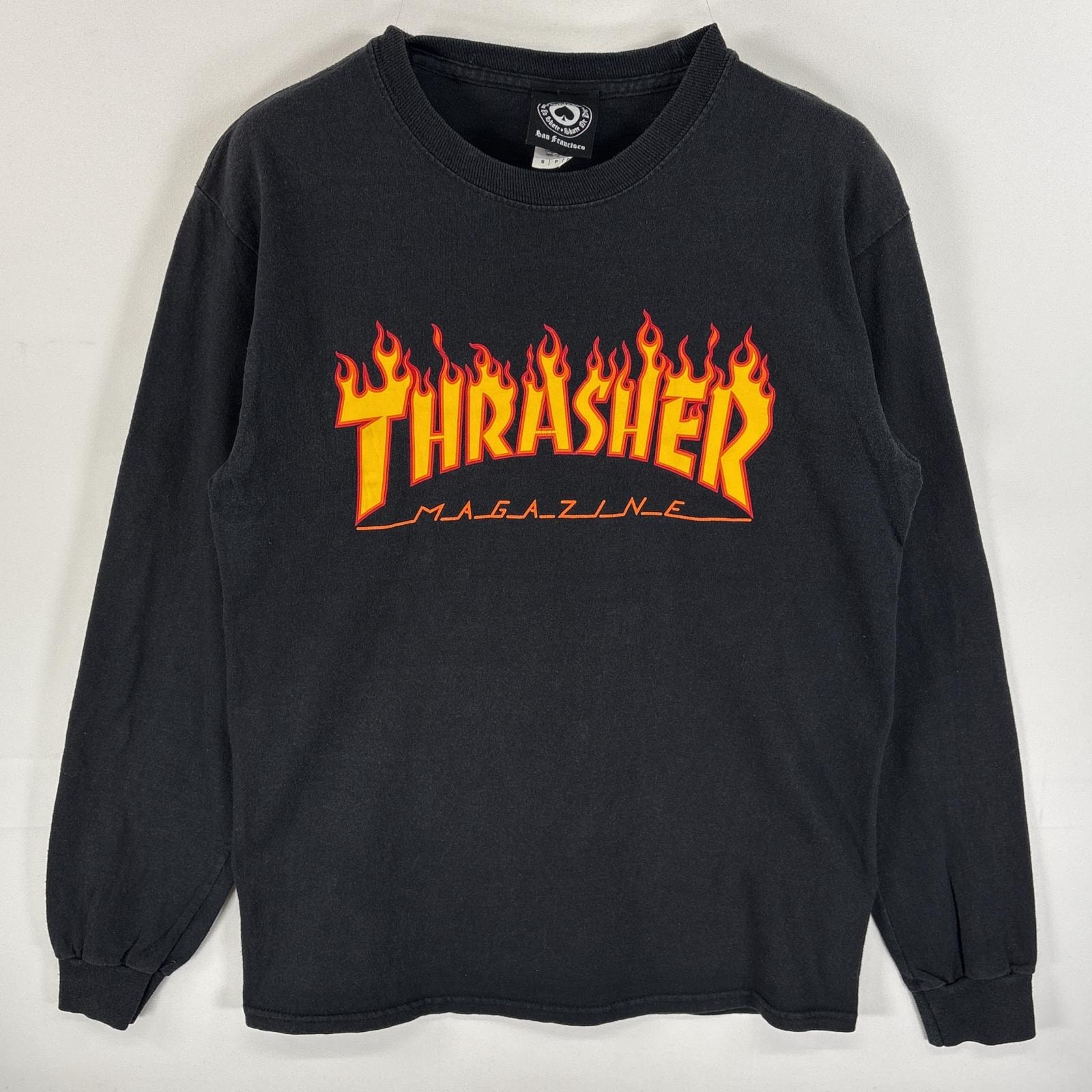 古着 スラッシャー THRASHER 長袖Tシャツ ラバープリント ファイヤーデザイン スケボー S  ブラック メンズ