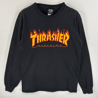 古着 スラッシャー THRASHER 長袖Tシャツ ラバープリント ファイヤーデザイン スケボー S ブラック メンズ