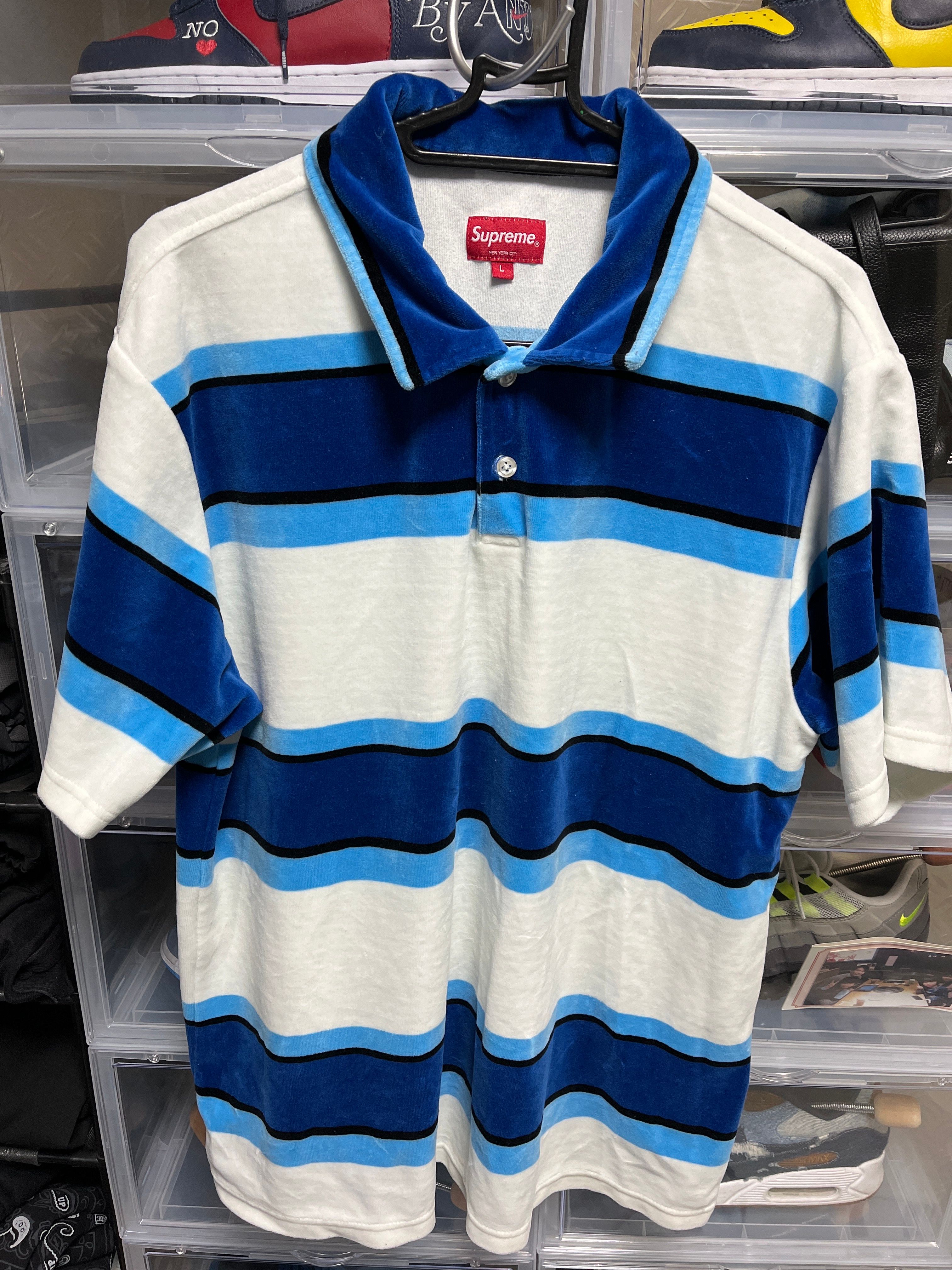 Supreme Stripe Velour Polo "White/Blue"