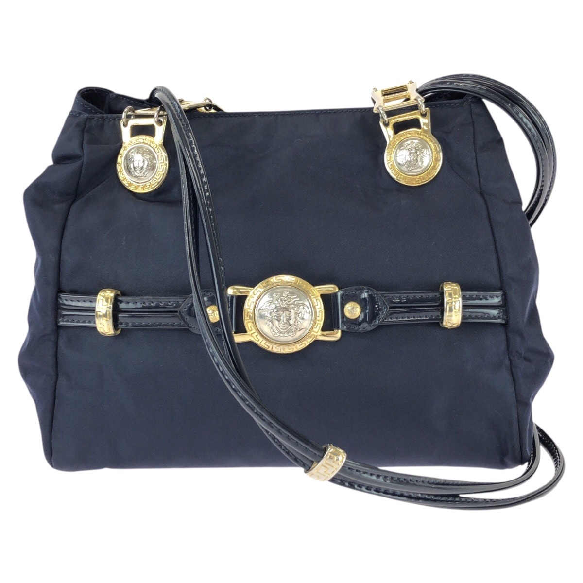 美品 VERSACE ヴェルサーチ ヴィンテージ メデューサ ネイビー ゴールド金具 ナイロン パテントレザー/ ショルダーバッグ 603812 【中古】