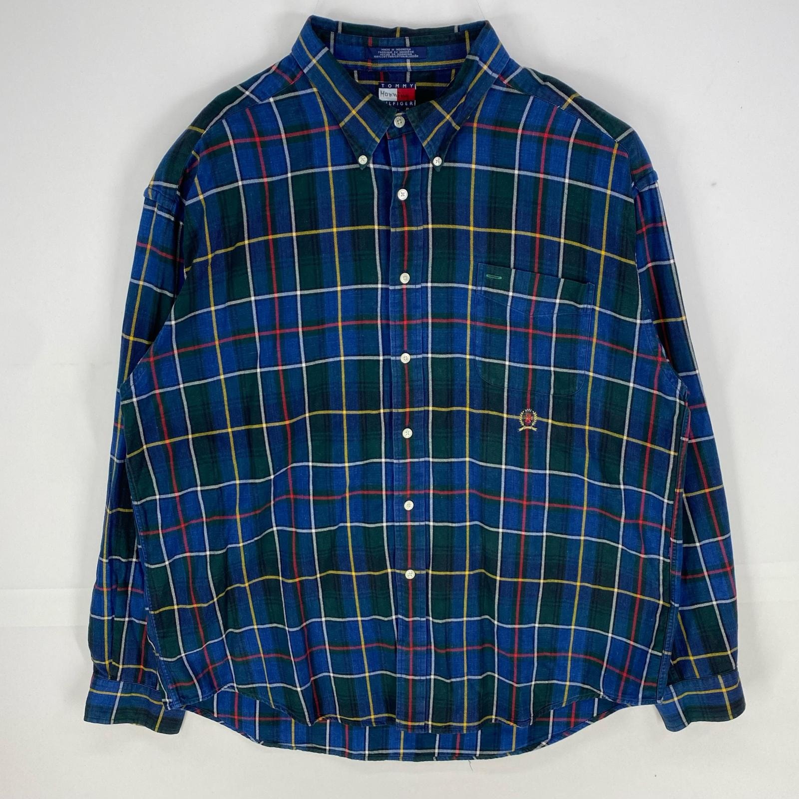 古着 90's/90年代 トミーヒルフィガー TOMMY HILFIGER 長袖シャツ 刺繍 ワンポイント ボタンダウン 2XL  ネイビー系 チェック メンズ