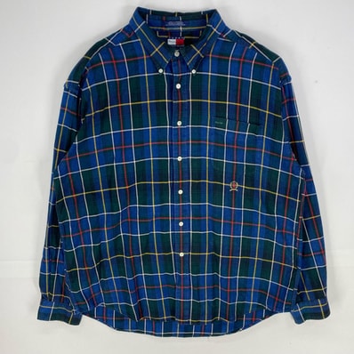 古着 90's/90年代 トミーヒルフィガー TOMMY HILFIGER 長袖シャツ 刺繍 ワンポイント ボタンダウン 2XL ネイビー系 チェック メンズ