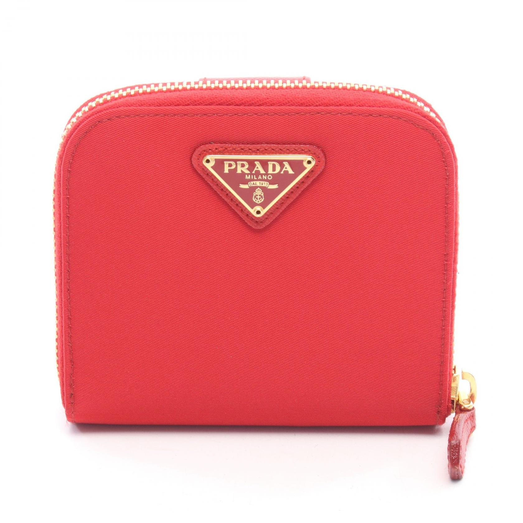 プラダ PRADA 三角プレート 二つ折り財布 財布 ナイロン レザー レディース レッド系 1ML018 【中古】