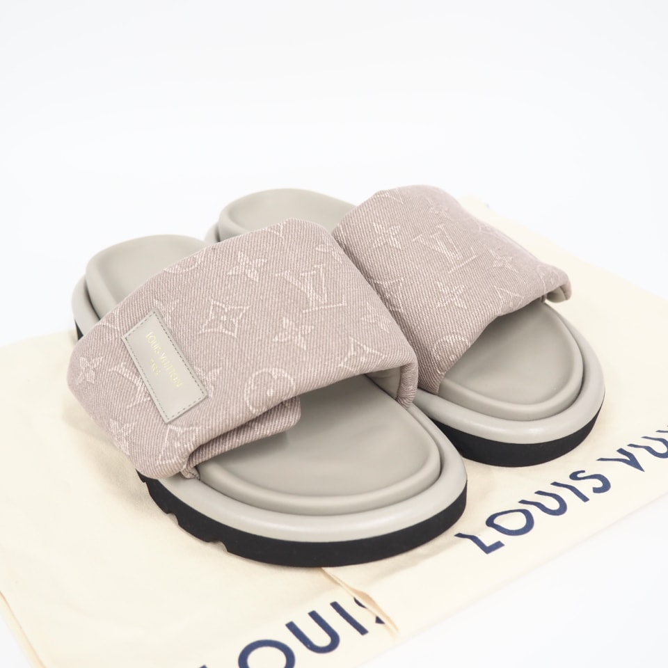 極美品 LOUIS VUITTON ルイ・ヴィトン プールピローライン フラット コンフォート ミュール 6 23 1ACIZZ サンダル ベージュ デニム レザー レディース