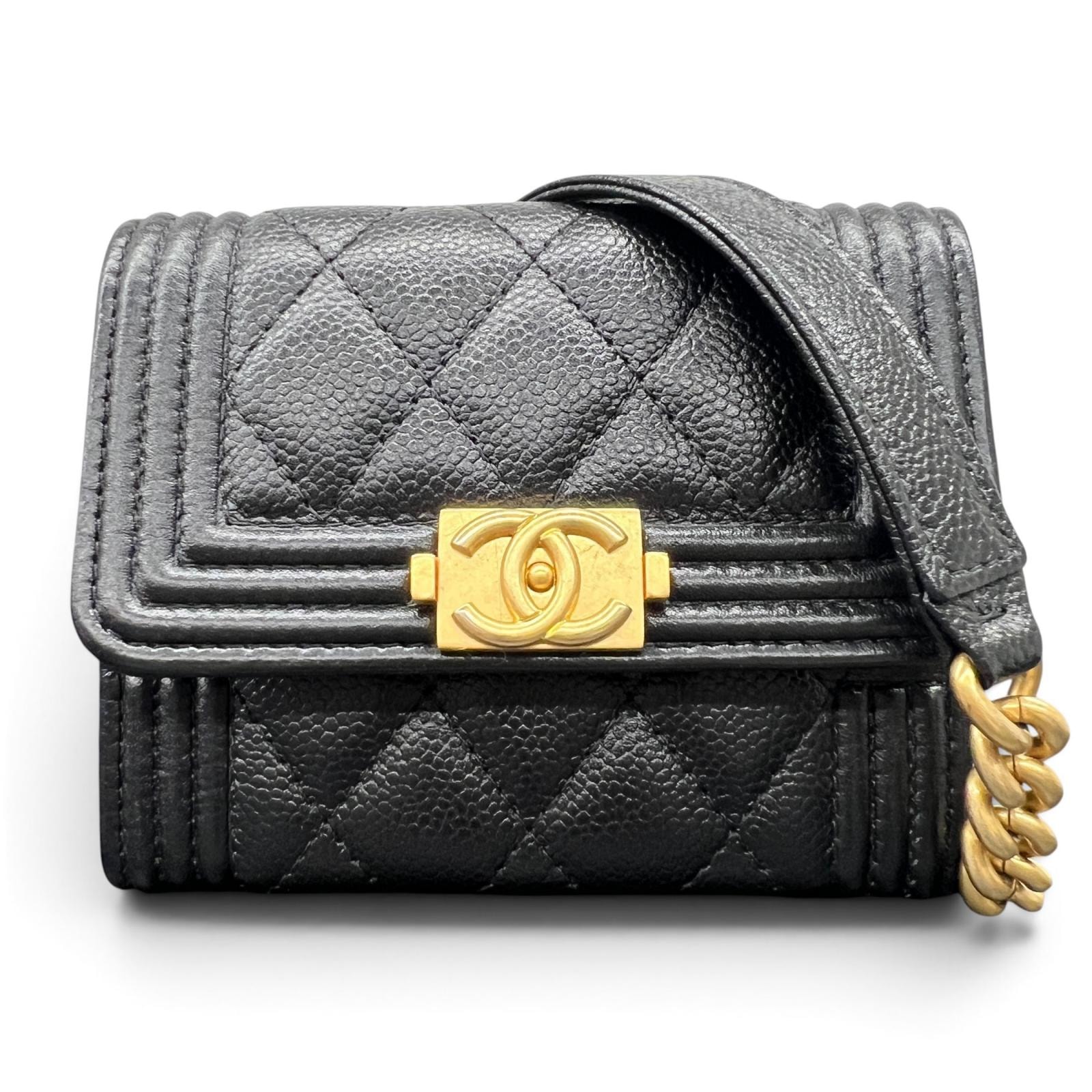CHANEL 極美品 シャネル ボーイシャネル ミニマトラッセ チェーンショルダーバッグ チェーンウォレット キャビアスキン AP2206 新型シリアルシール レザー コインケース ミニミニ ポシェット ココマーク Aランク 中古 鑑定済