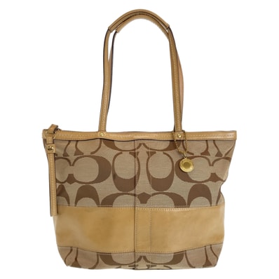 COACH コーチ シグネチャー ベージュ ブラウン ピンク ゴールド金具 キャンバス レザー/ トートバッグ ショルダーバッグ 407626 【中古】