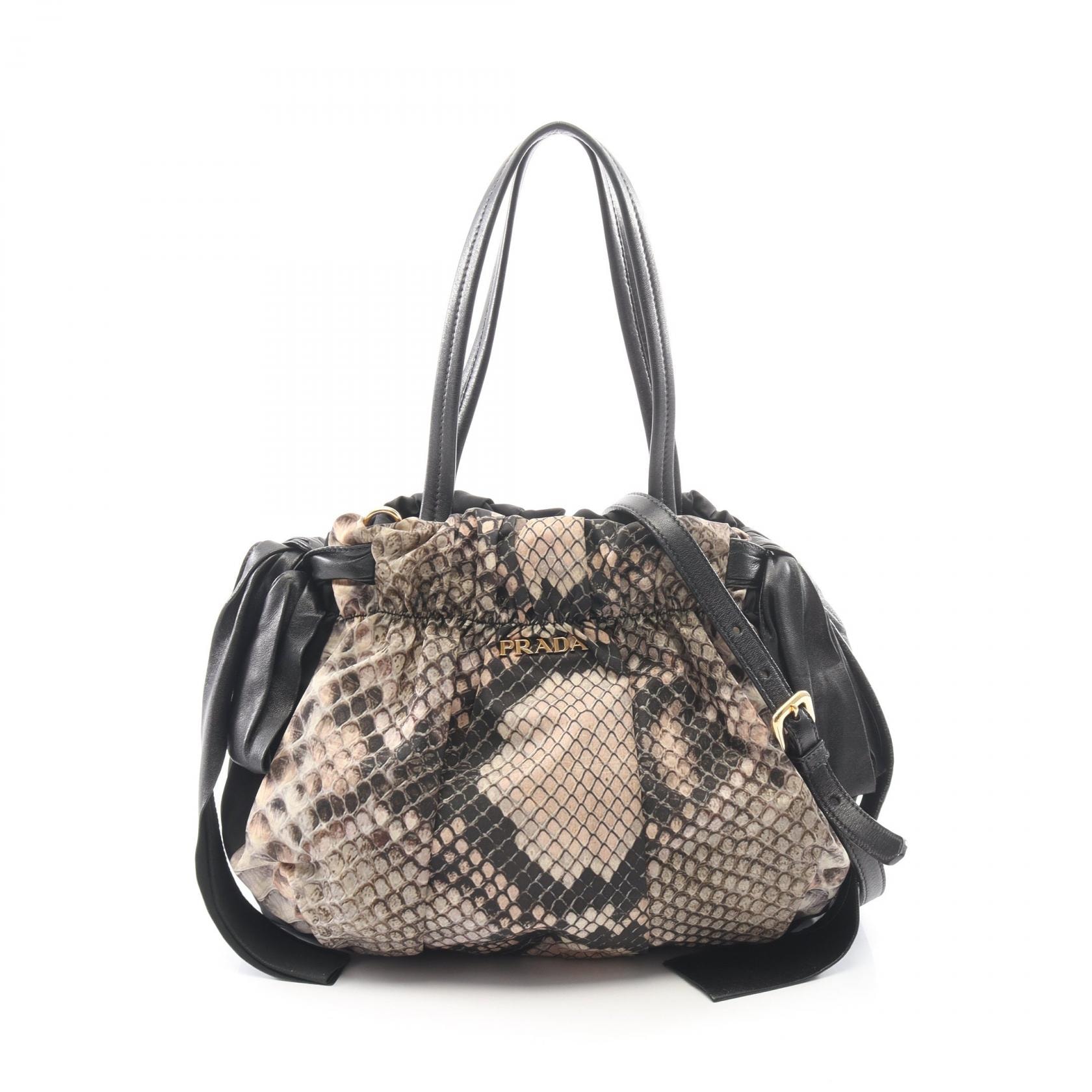 プラダ PRADA リボン パイソン柄 2WAY トートバッグ バッグ ナイロン レザー レディース ブラック系 / マルチカラー 【中古】
