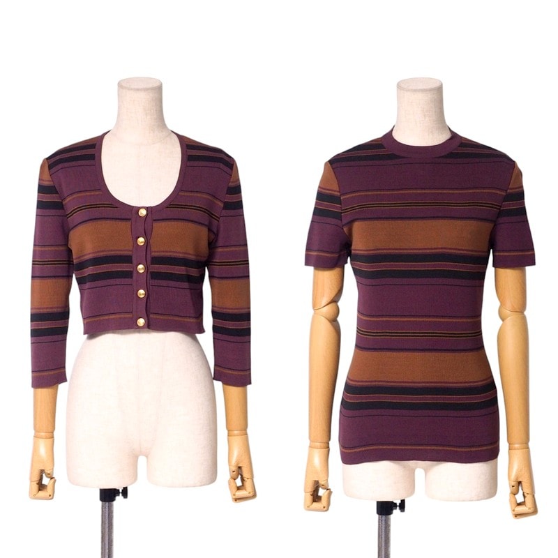 GUCCI グッチ アンサンブル サイズM ニット ショート丈 カーディガン 半袖 セーター トップス コットン ボーダー【おすすめ】 イタリア製 ブランド古着【中古】20241223/RA2113